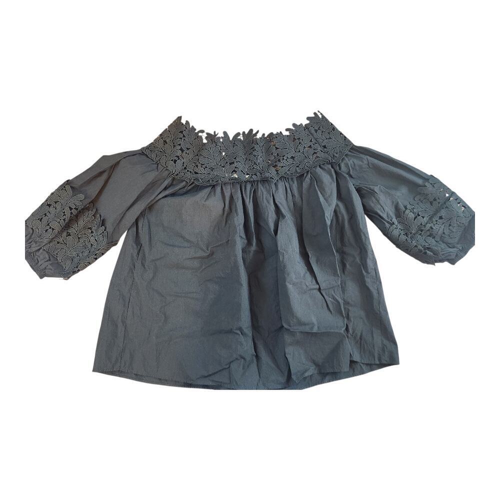 Peach Love California womens black‎ blouse sz Med. lace puff long sleeve